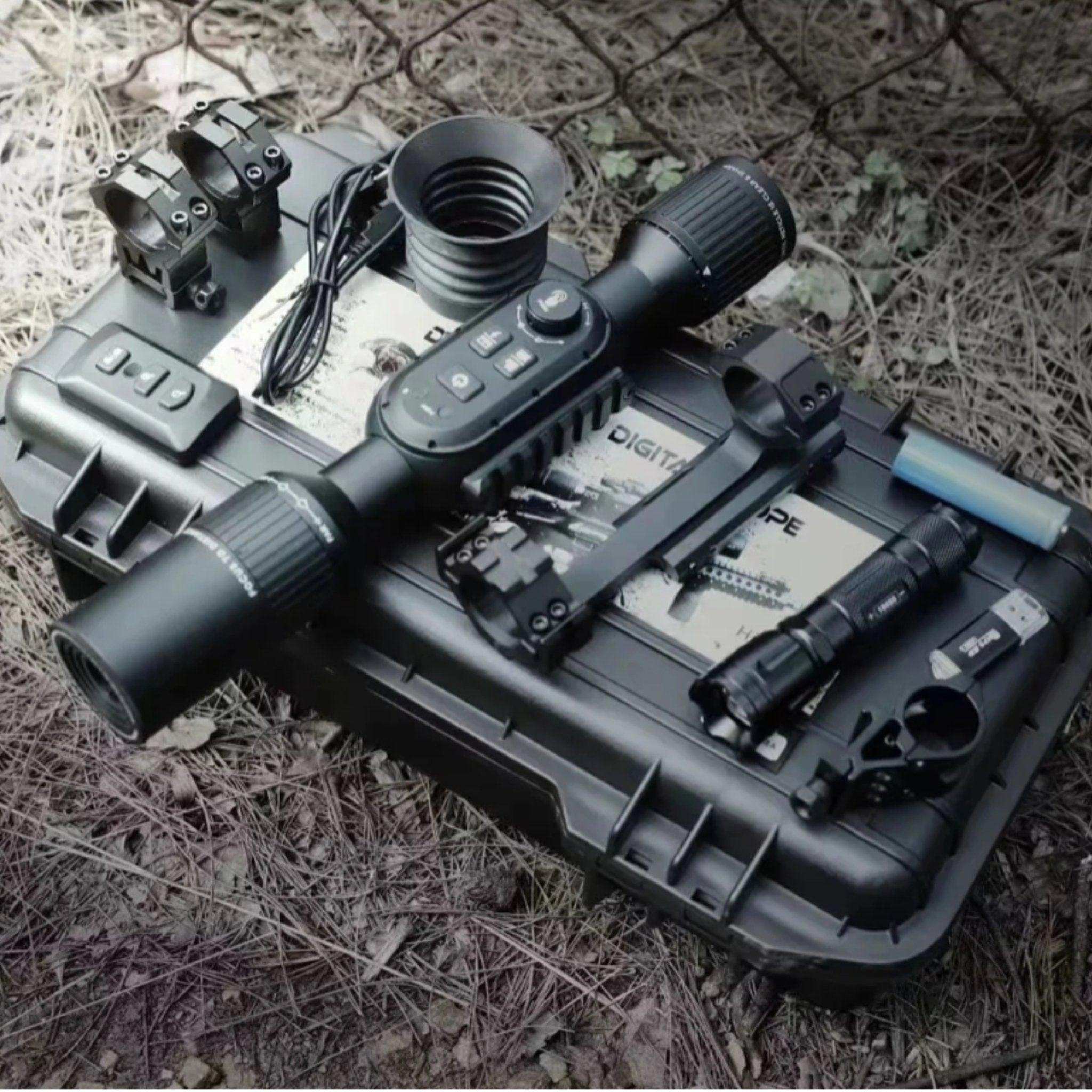 Tactical digital day and night vision rifle scope with accessories on a hard case outdoors TUTT