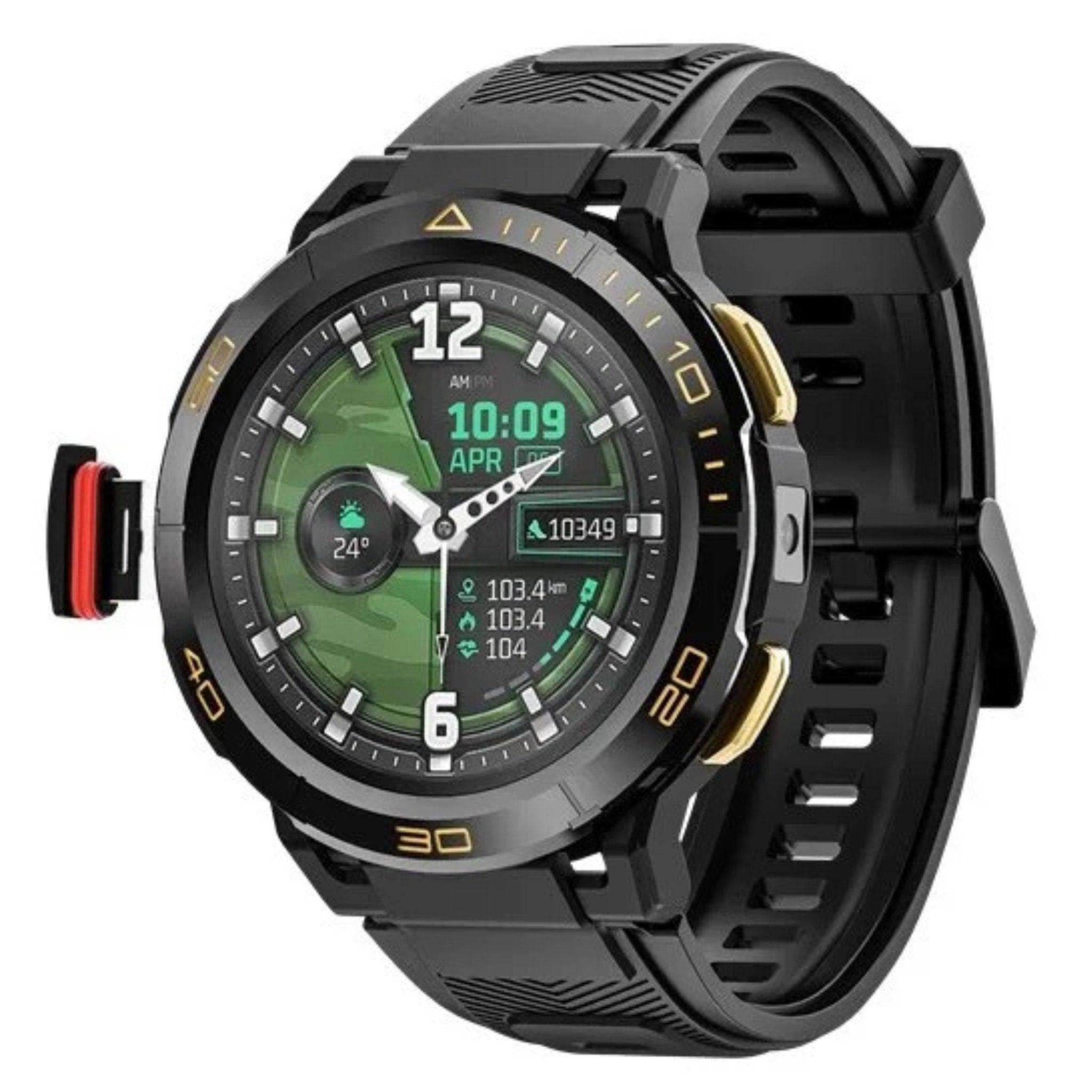 Rugged black Android AMOLED smart watch with digital display, fitness stats, and black strap TUTT