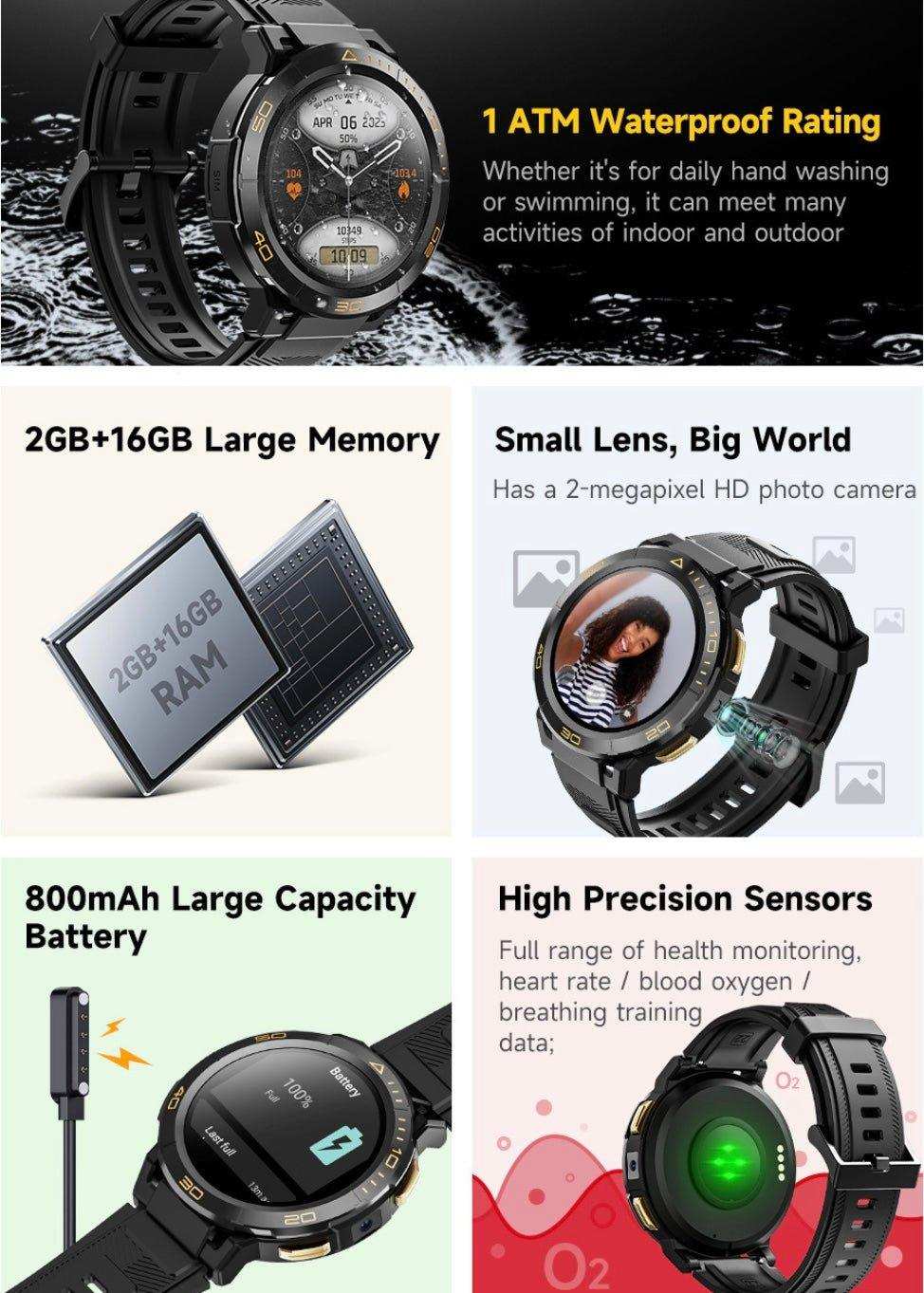 Rugged Android AMOLED smart watch with 4G SIM, GPS, 2MP camera, IP68 rating, 800mAh battery, 2GB RAM, 16GB ROM, titanium alloy, and health sensors TUTT