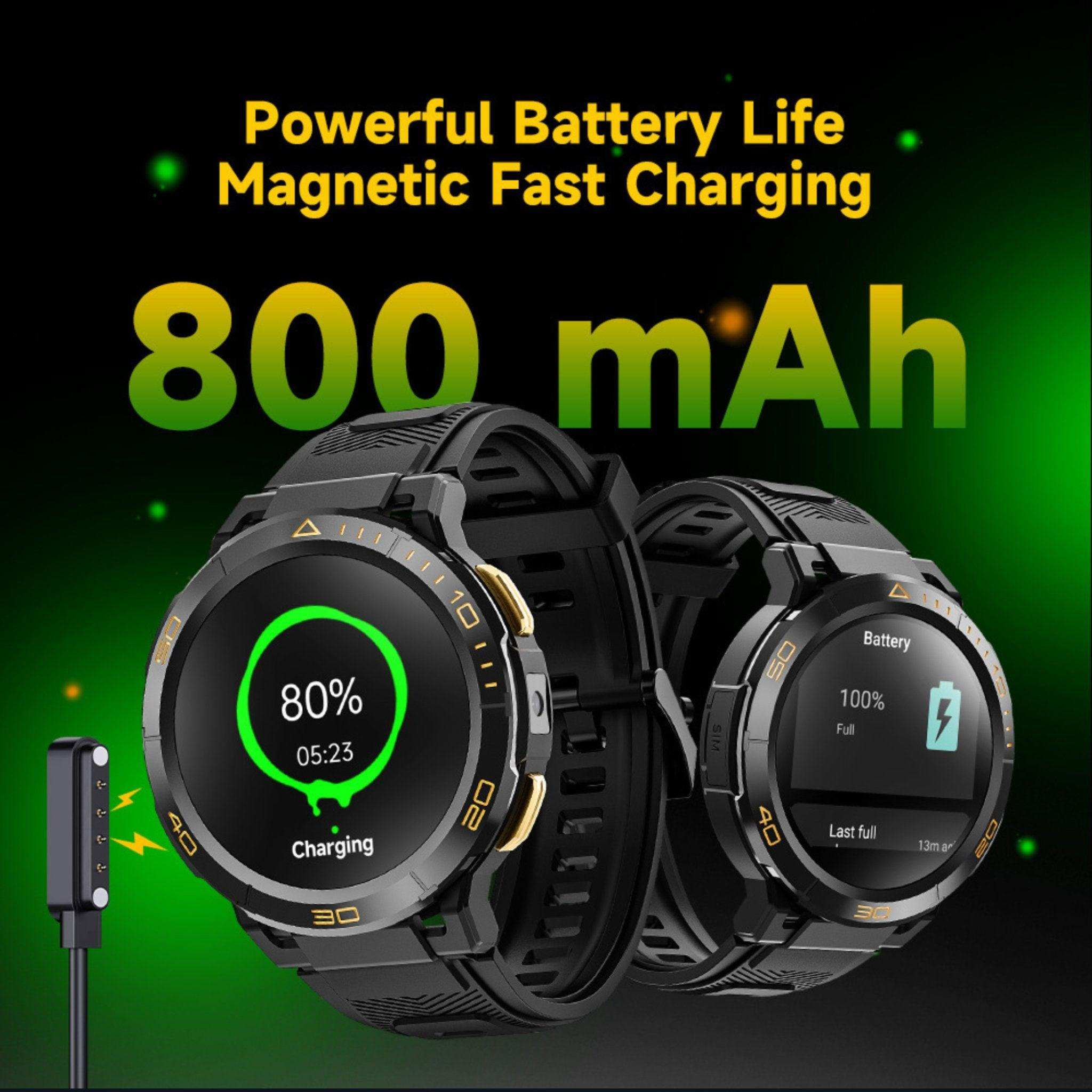 Rugged Android AMOLED smart watch with 800 mAh battery, magnetic charging, black band TUTT