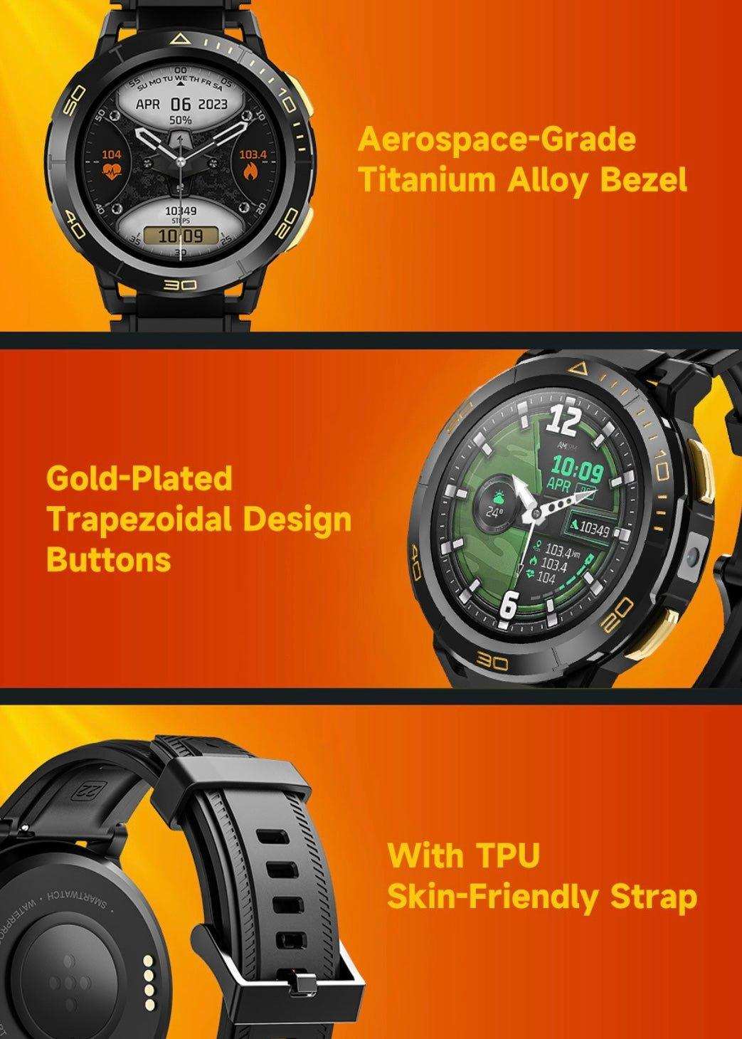 Rugged Android smart watch with titanium alloy bezel, gold-plated buttons, TPU strap on orange background, TUTT