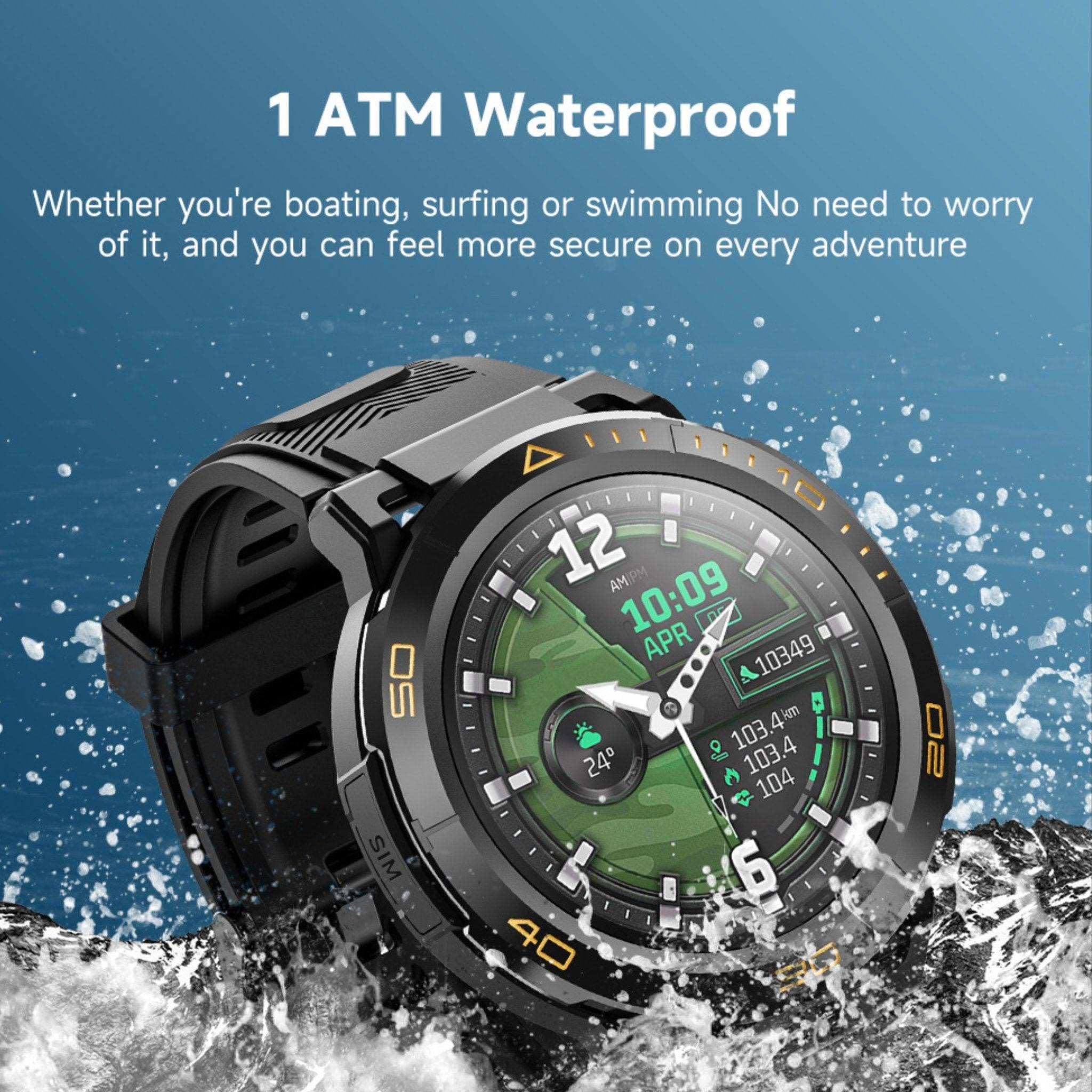Rugged black AMOLED smart watch with silicone band, 1 ATM waterproof, splashing water. TUTT