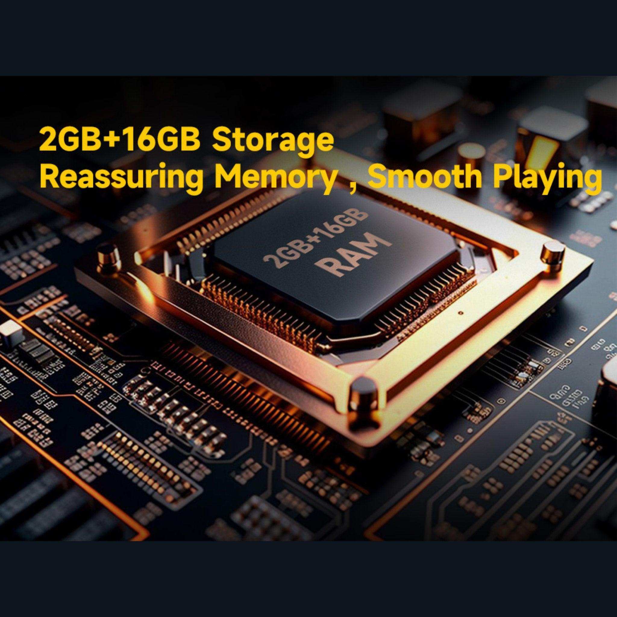 Close-up of a 2GB+16GB RAM chip on a circuit board with yellow storage text, TUTT