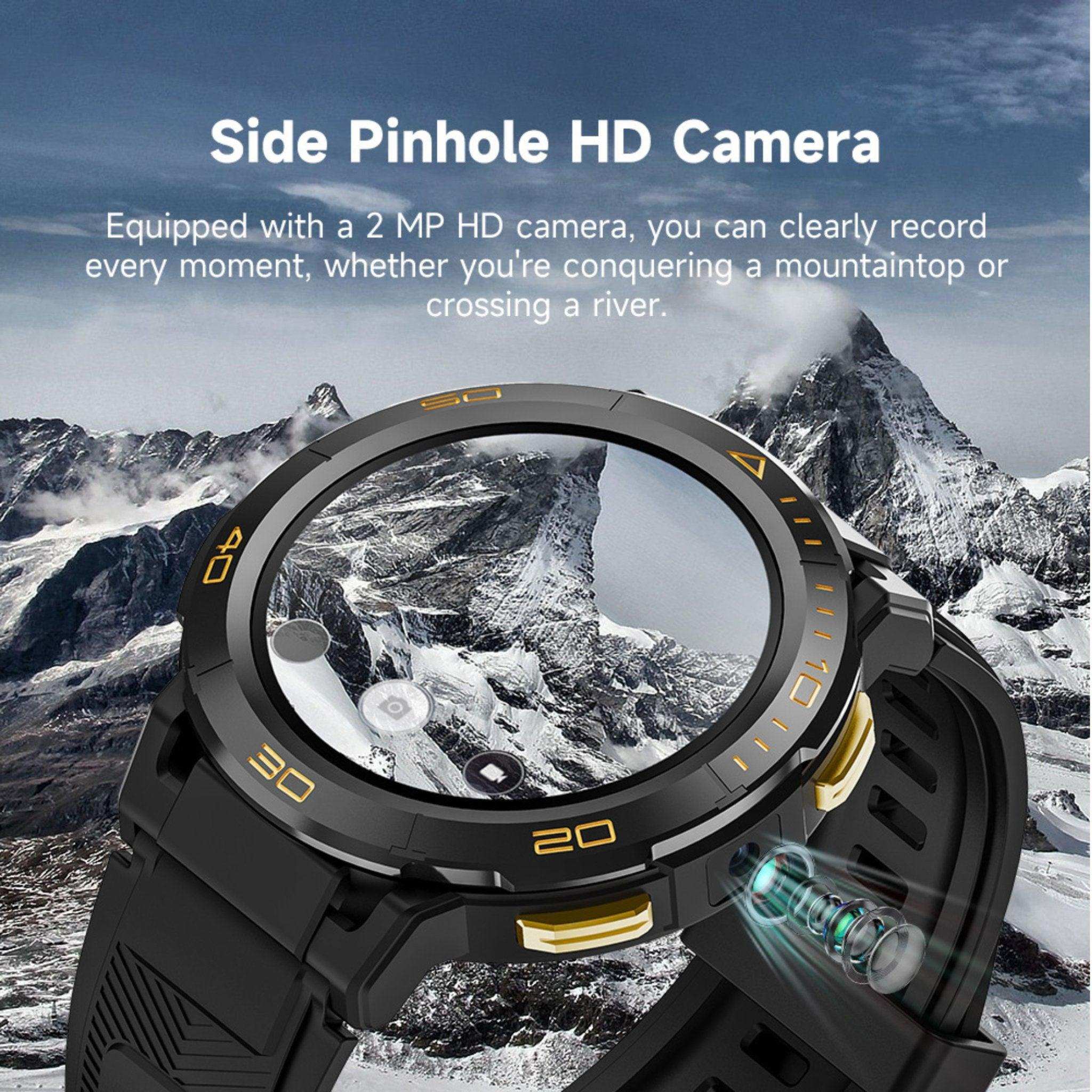 Rugged Android AMOLED smartwatch with side HD camera, black strap, mountain backdrop, TUTT