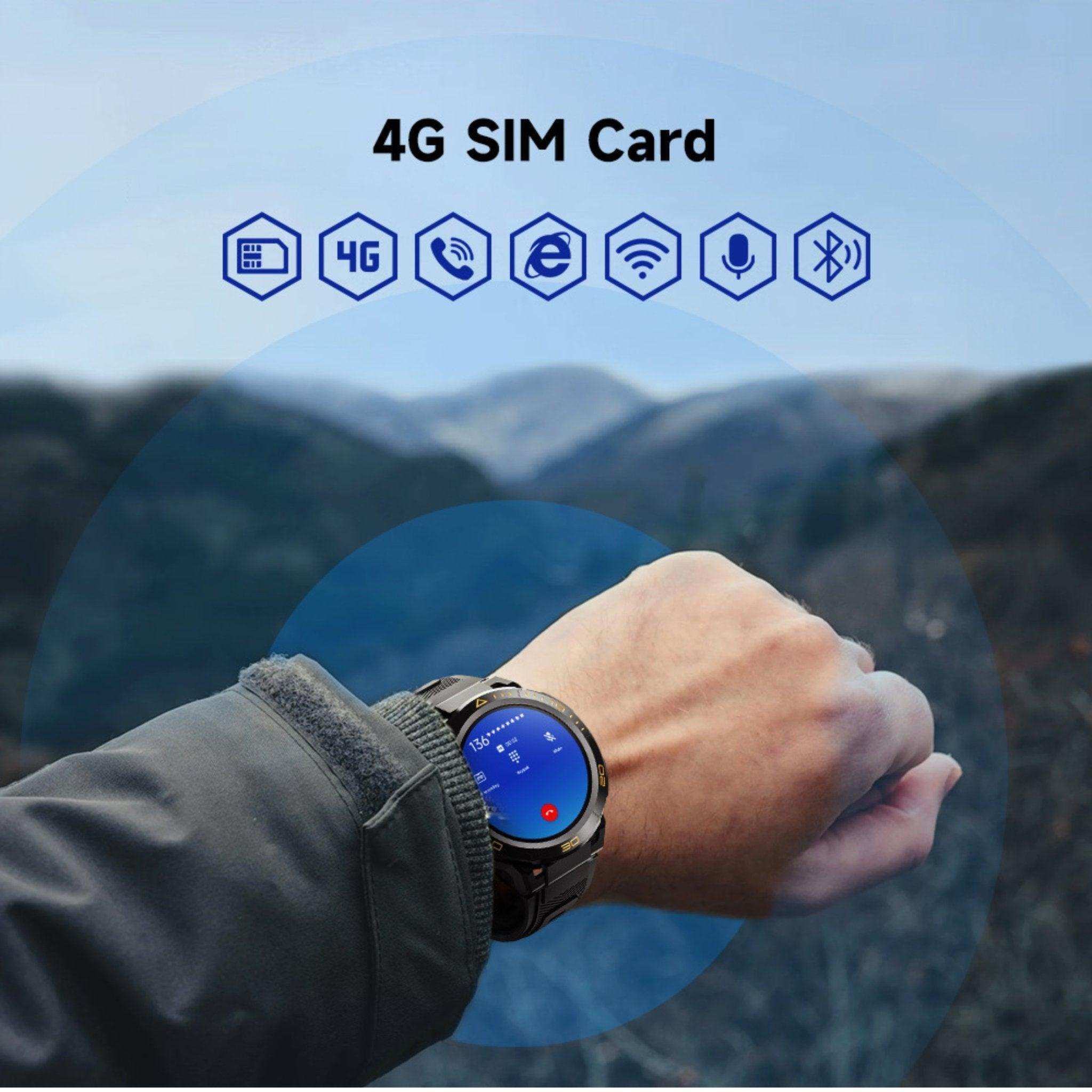 Rugged Android AMOLED smart watch with 4G SIM card on wrist outdoors, tech icons above, TUTT