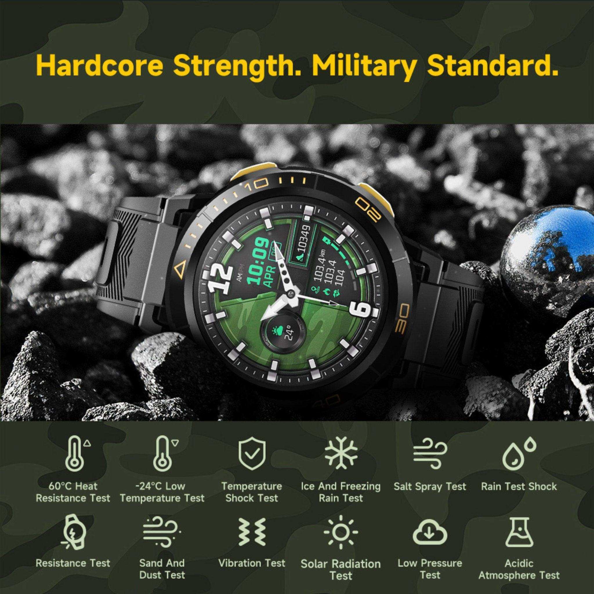 Rugged black Android AMOLED smart watch with green display on rocks, labeled military standard TUTT