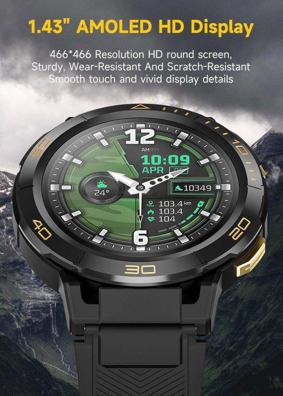 Rugged Android AMOLED smart watch with 1.43-inch HD display, black strap, outdoor background TUTT
