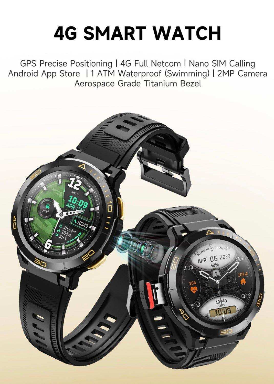 Rugged black titanium 4G AMOLED smart watches with GPS, camera, SIM slot, and fitness display, TUTT