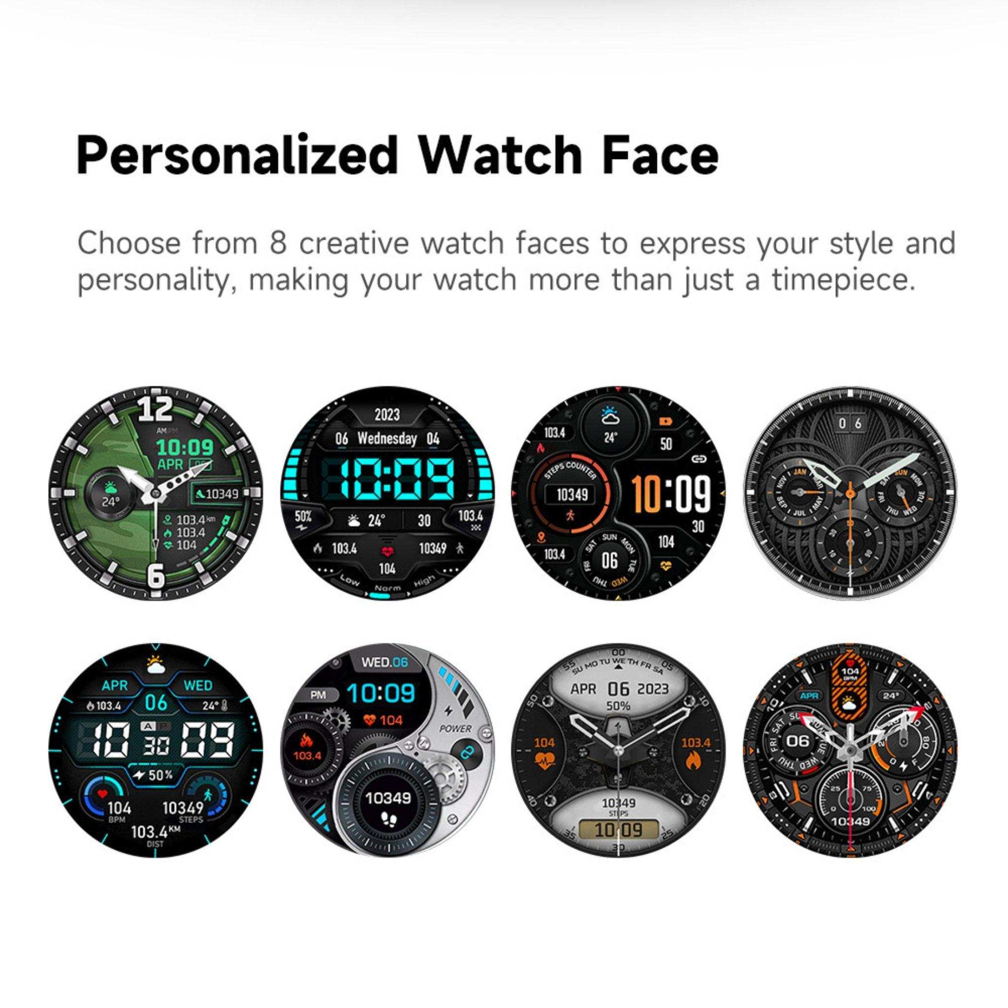 Eight unique AMOLED smartwatch faces for ZL1 rugged Android watch, digital and analog styles, TUTT