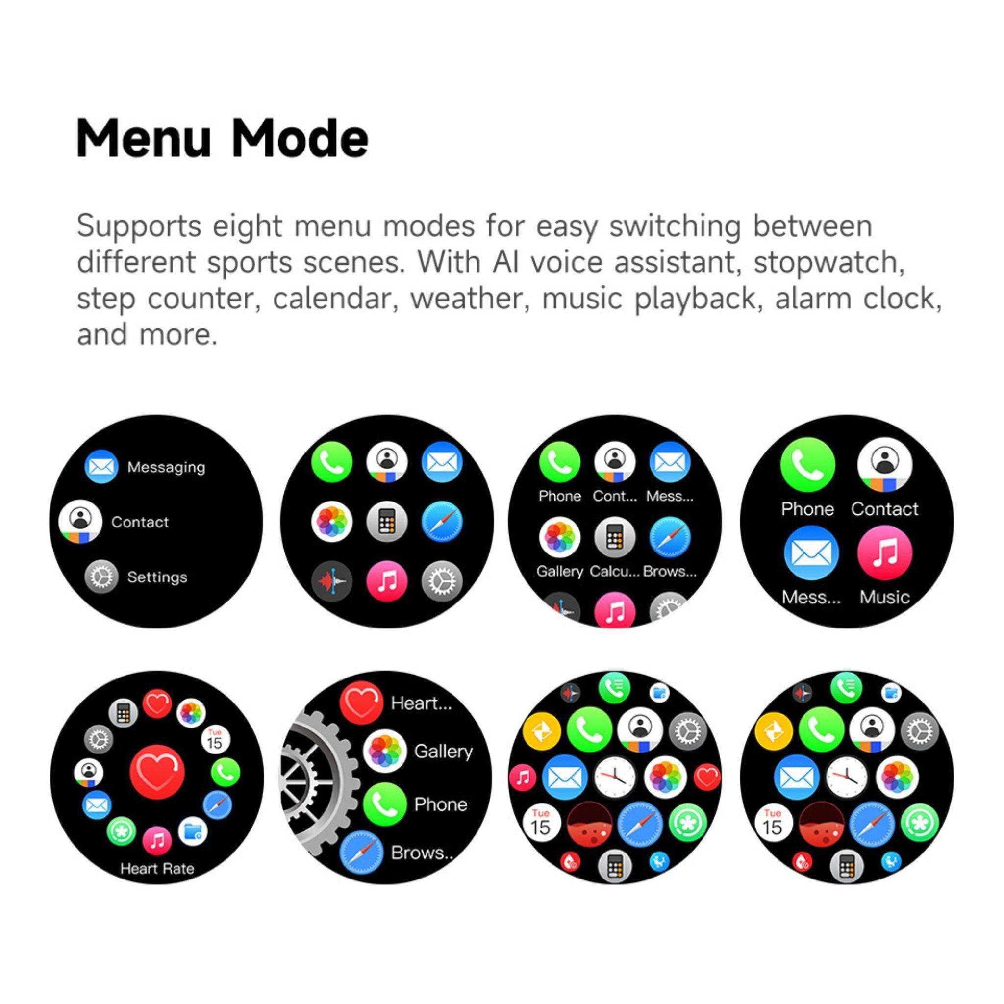 Eight smart watch menu mode screens displaying app icons for messaging, contacts, and health. TUTT