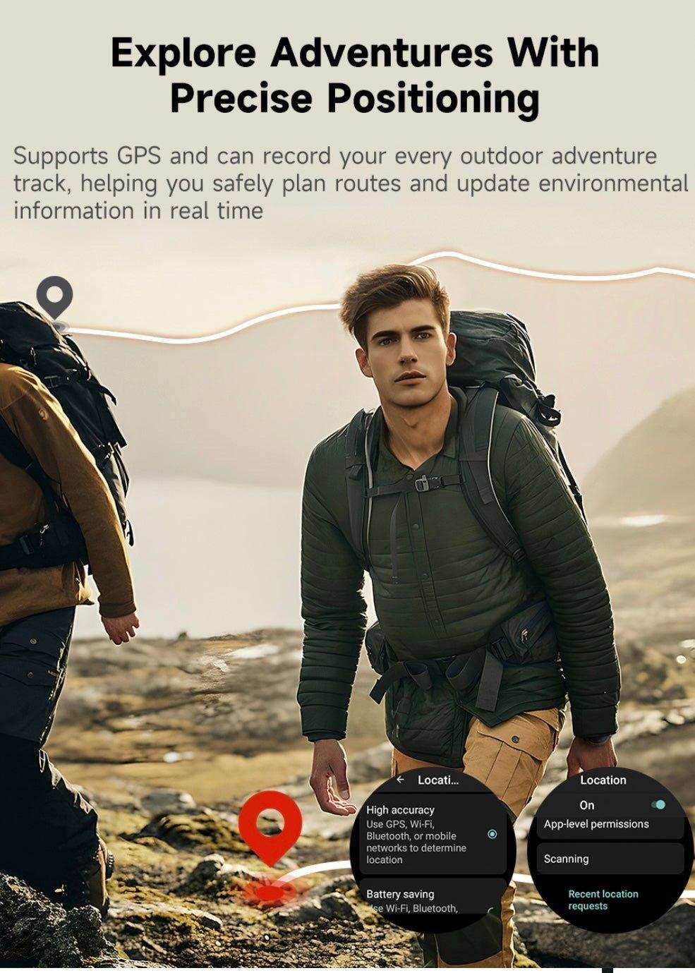 Man hiking outdoors in rugged terrain with GPS smartwatch features and location icons, TUTT