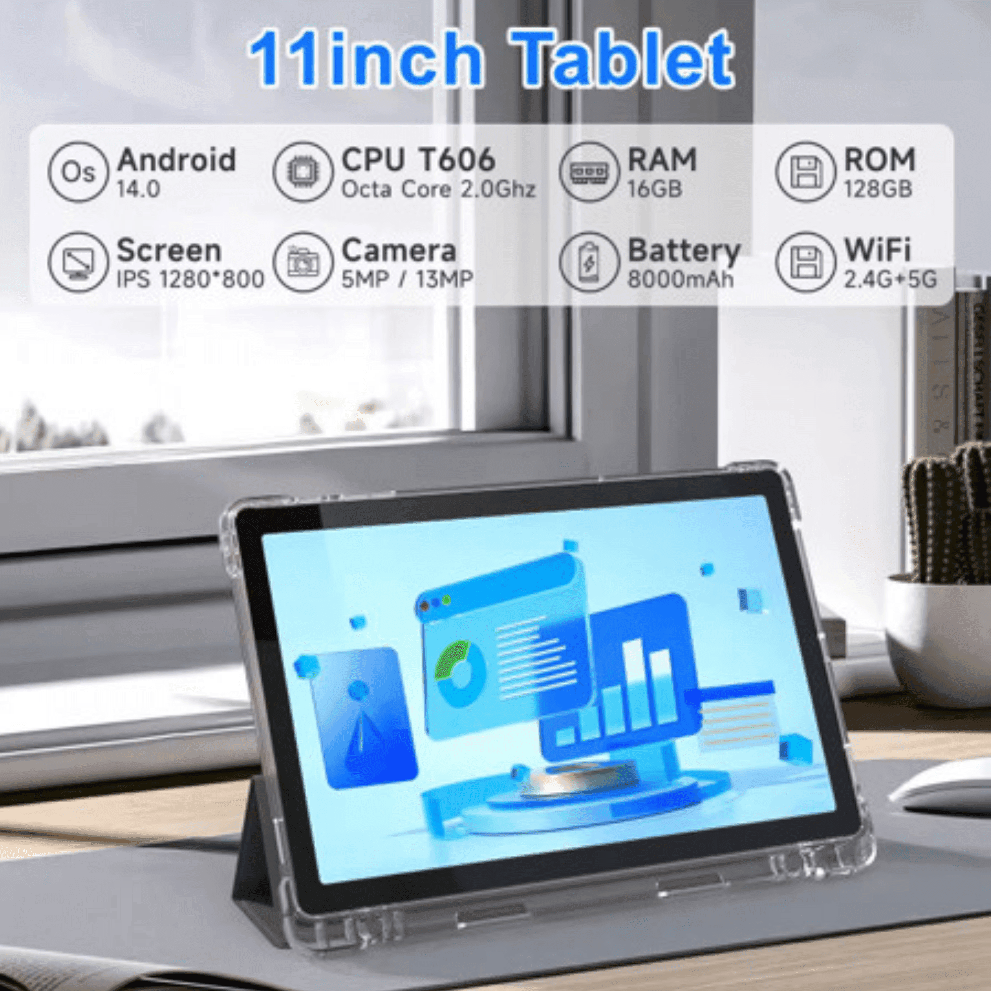 11 inch Android tablet on a desk with display showing charts, T606 CPU, 16GB RAM, TUTT