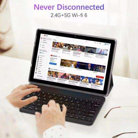 11-inch Android 14 tablet with keyboard in use, displaying YouTube, Wi-Fi 6 promo, TUTT