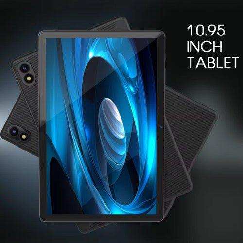 10.95 inch Android tablet with dual rear cameras and abstract display, shown from front and back. TUTT