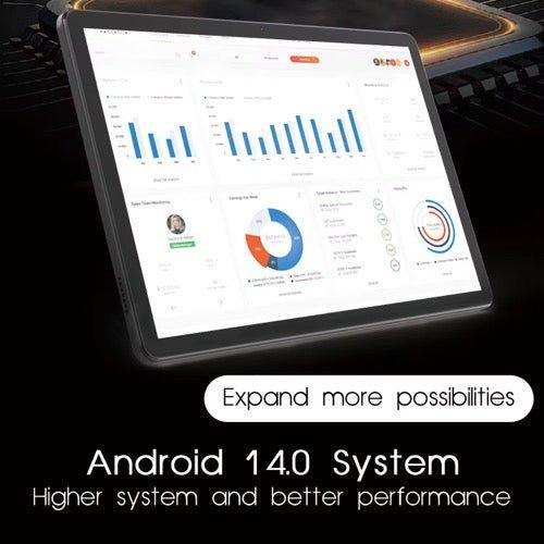 11-inch Android 14 tablet displaying charts, black background, text promoting high performance TUTT