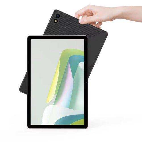 Hand holding black 11-inch Android 14 tablet with dual cameras front and back, simple background, TUTT