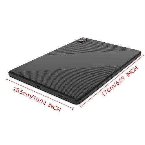Black 11 inch Android 14 tablet back with camera, textured case, size dimensions shown, TUTT