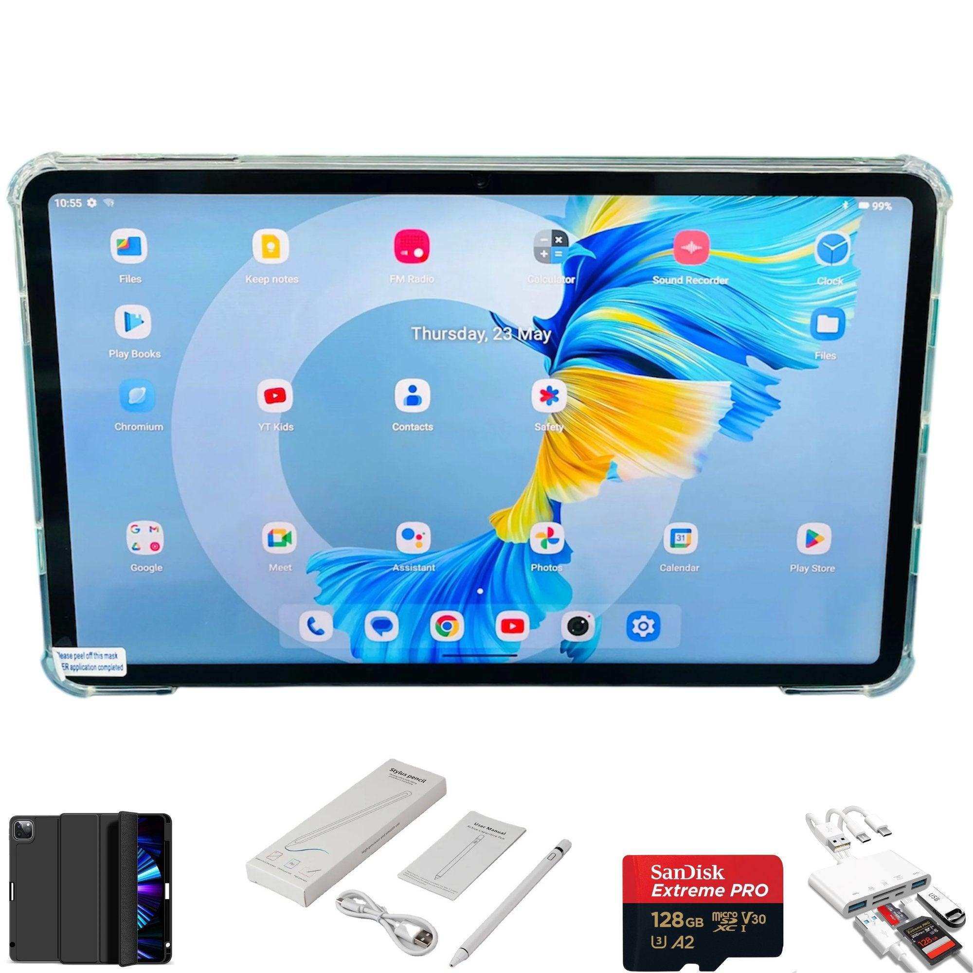 Android 14 tablet with stylus, case, charger, SanDisk 128GB card, and USB hub kit TUTT