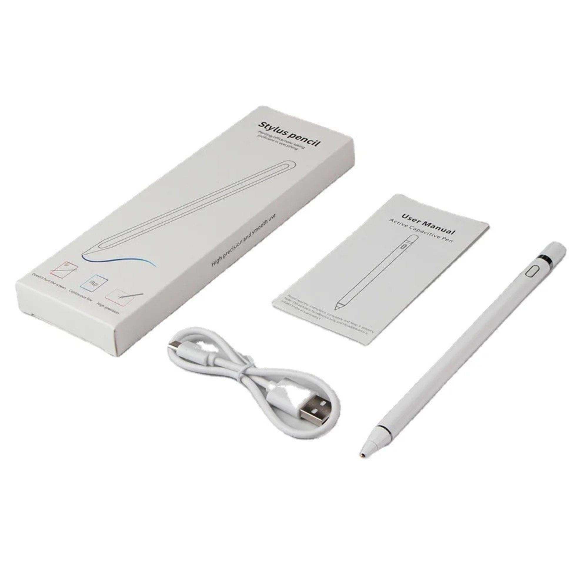 White stylus pencil, USB charging cable, user manual, and box for Android tablet TUTT