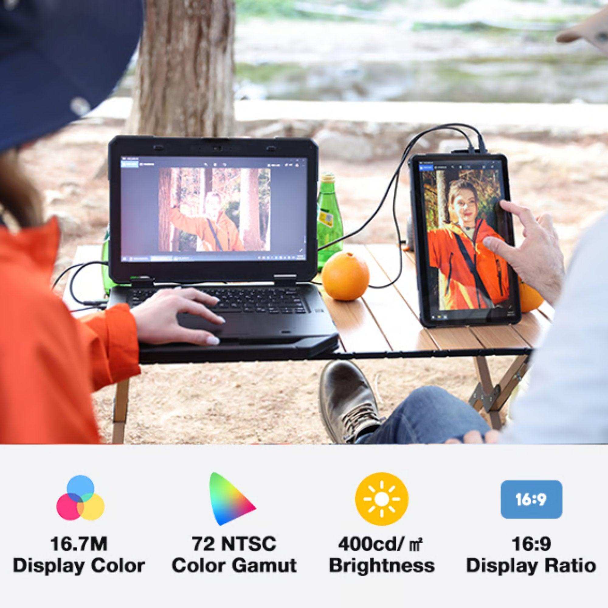 Outdoor setup with rugged portable touchscreen monitor and laptop displaying same image, oranges and drinks on table, photo editing, 16.7M color, 72 NTSC, 400cd/m² brightness, 16:9 display ratio. TUTT