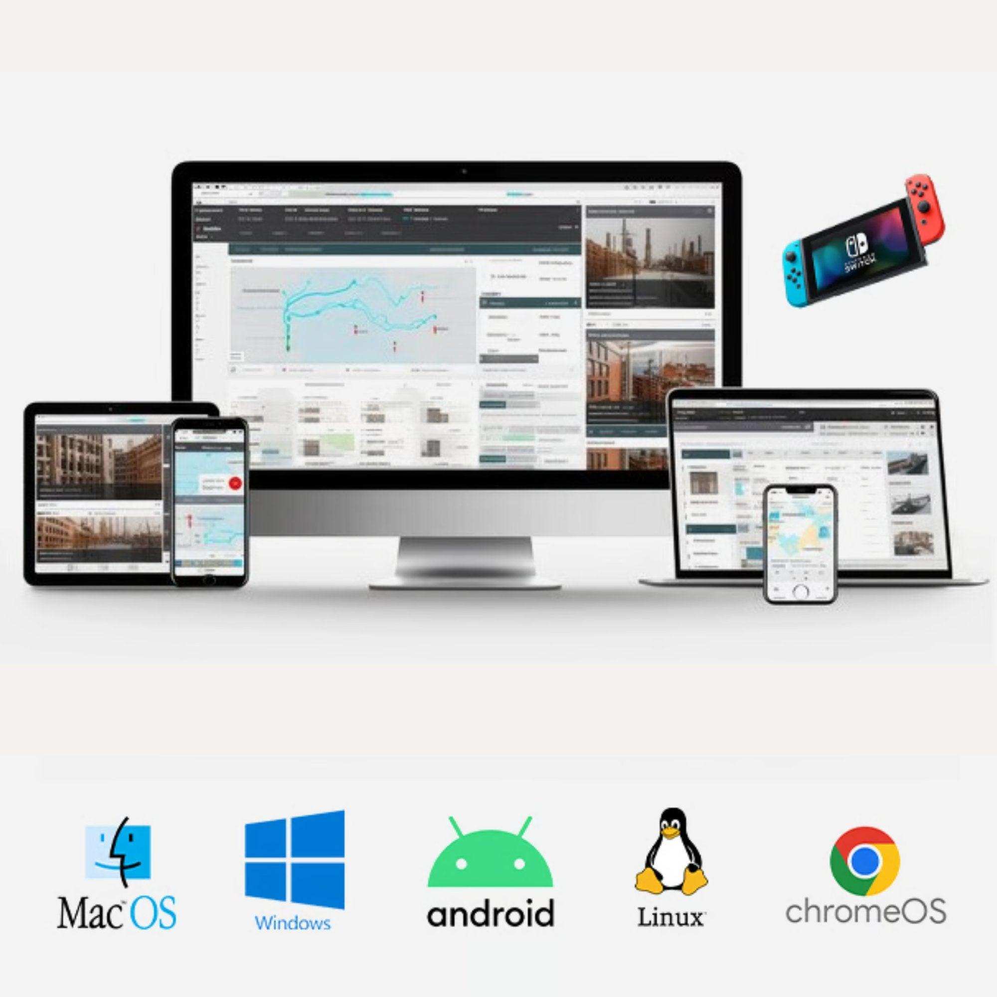 Multiple devices including monitor, tablet, laptop, phone, and Nintendo Switch, with icons for MacOS, Windows, Android, Linux, and ChromeOS compatibility. TUTT