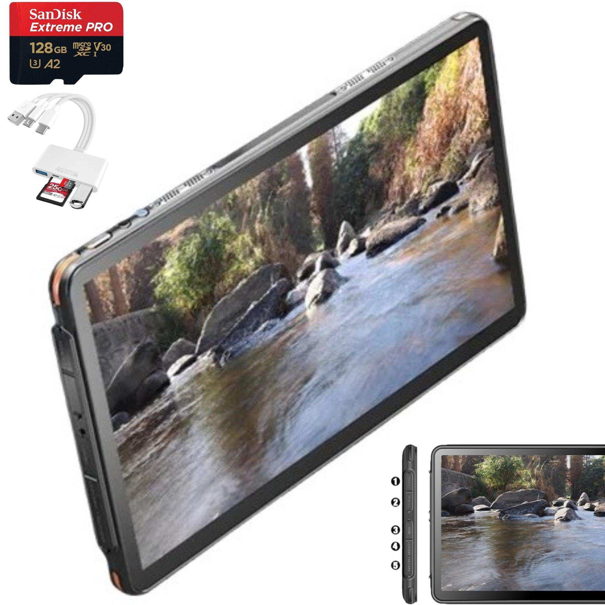 TUTT 12-inch rugged portable touchscreen monitor with river scene, 128GB SanDisk Extreme PRO microSD card, and multi-port SD card reader. TUTT