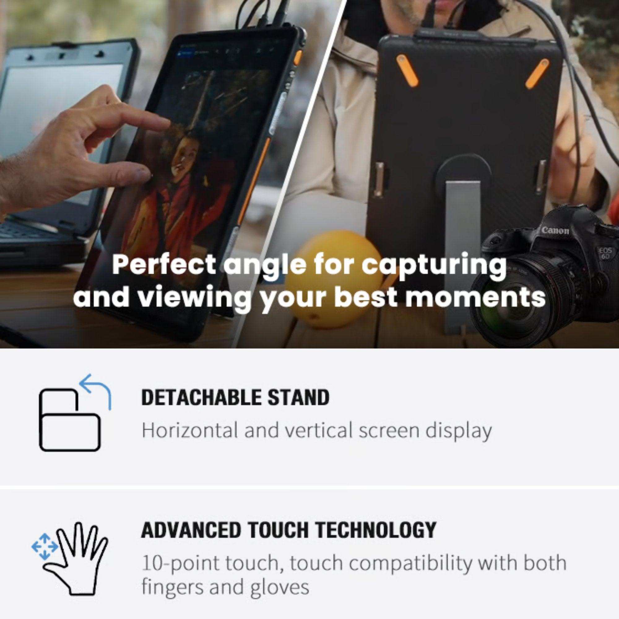Touchscreen rugged portable monitor with detachable stand, digital photo frame mode, and camera. TUTT
