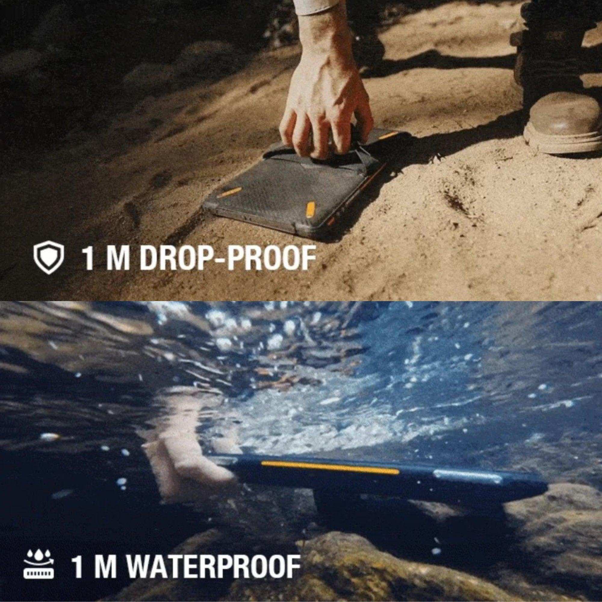 Rugged portable monitor shown drop-proof on sand and waterproof underwater, TUTT