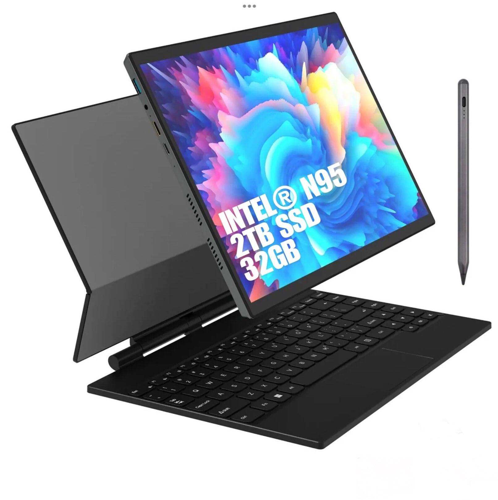 14-inch 2-in-1 touchscreen laptop tablet with detachable keyboard, stylus, Intel N95, 2TB SSD, 32GB RAM, TUTT