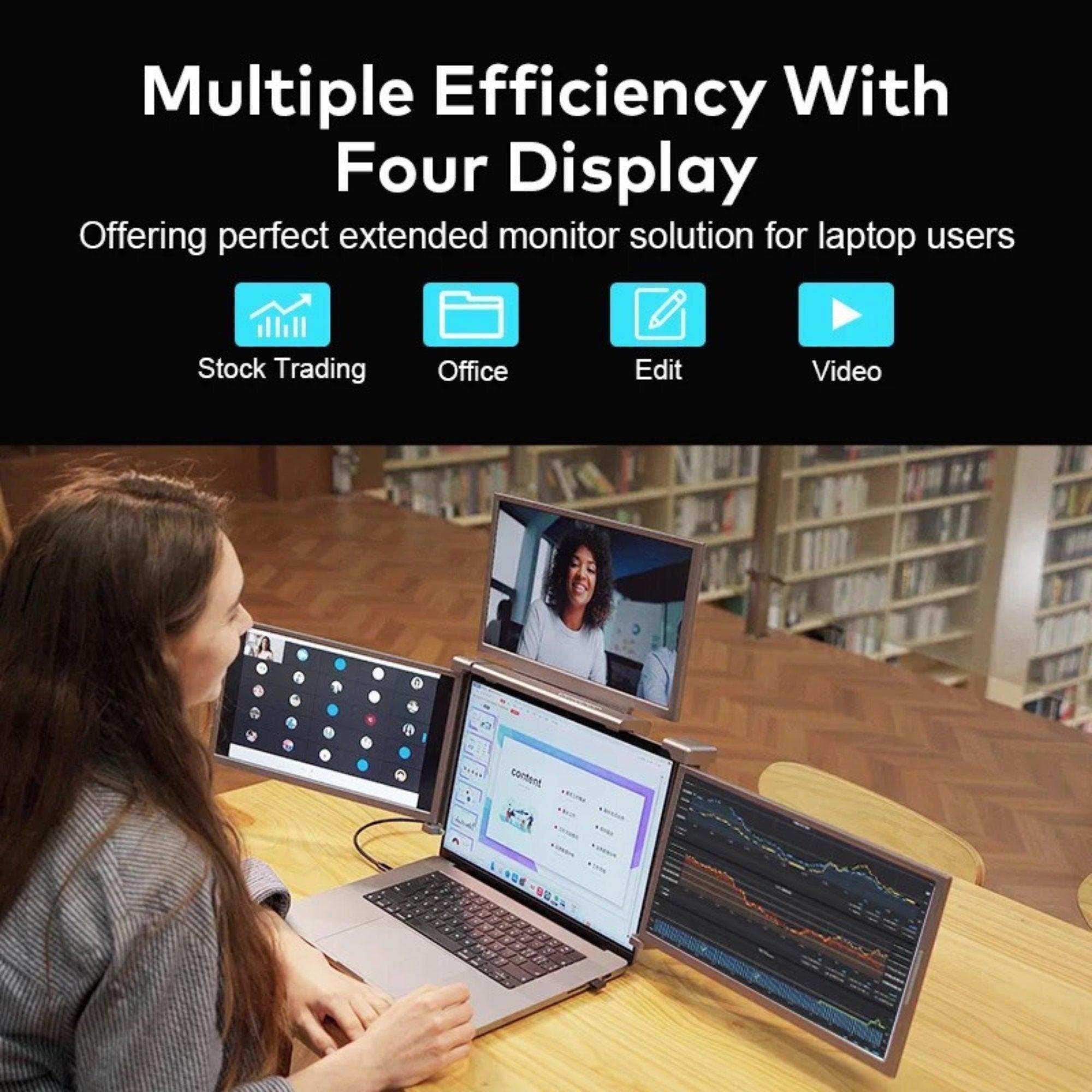 Woman using a triple portable laptop monitor setup for multitasking in a library, TUTT