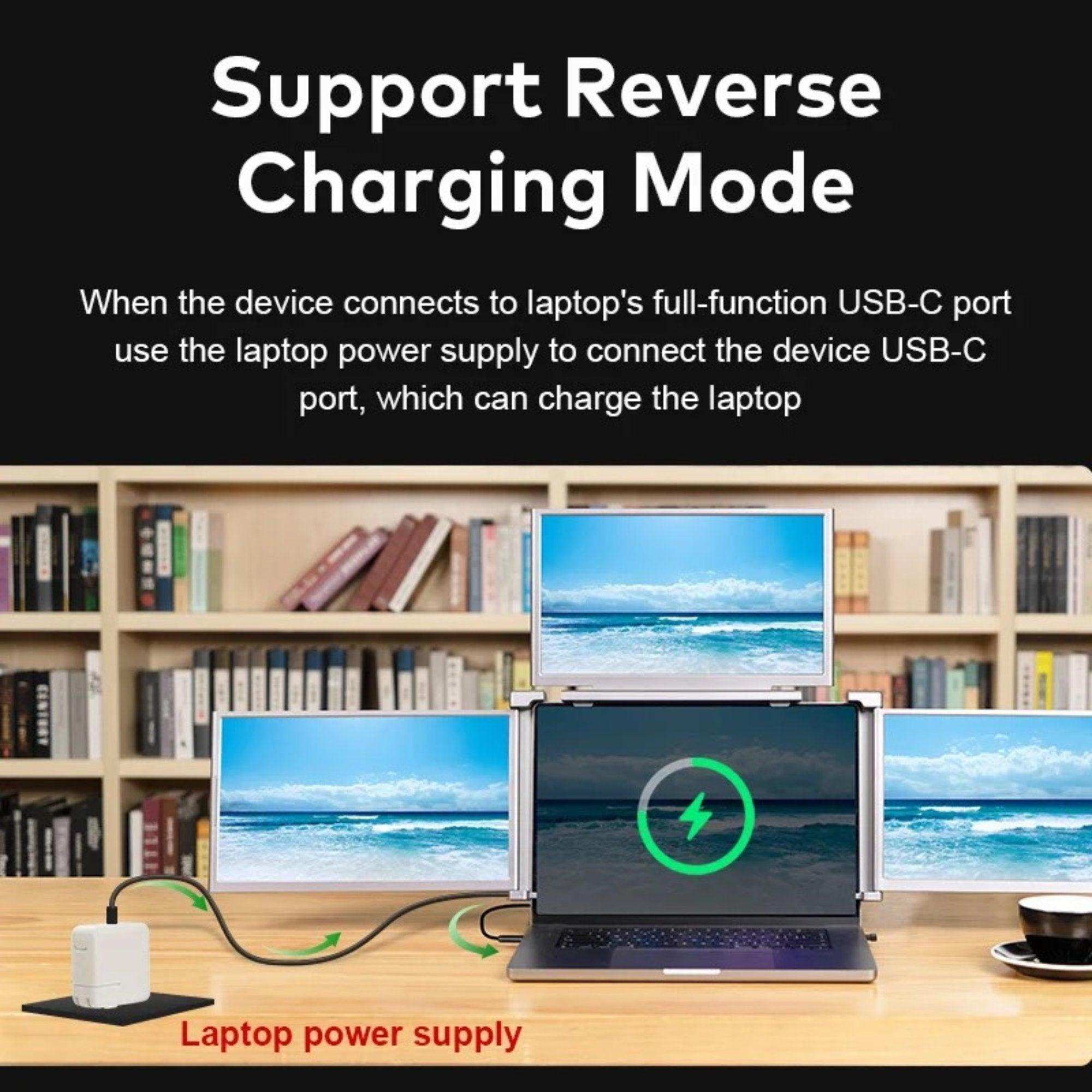 Triple portable laptop monitor extender with USB-C single cable setup on a desk, bookshelf background, reverse charging mode display. TUTT