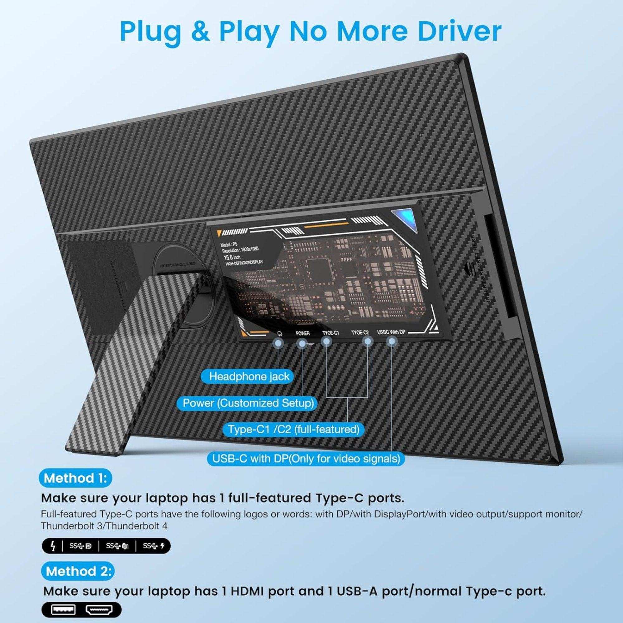 Back view of TUTT-156-FHD portable laptop monitor showing ports, kickstand, and setup instructions TUTT