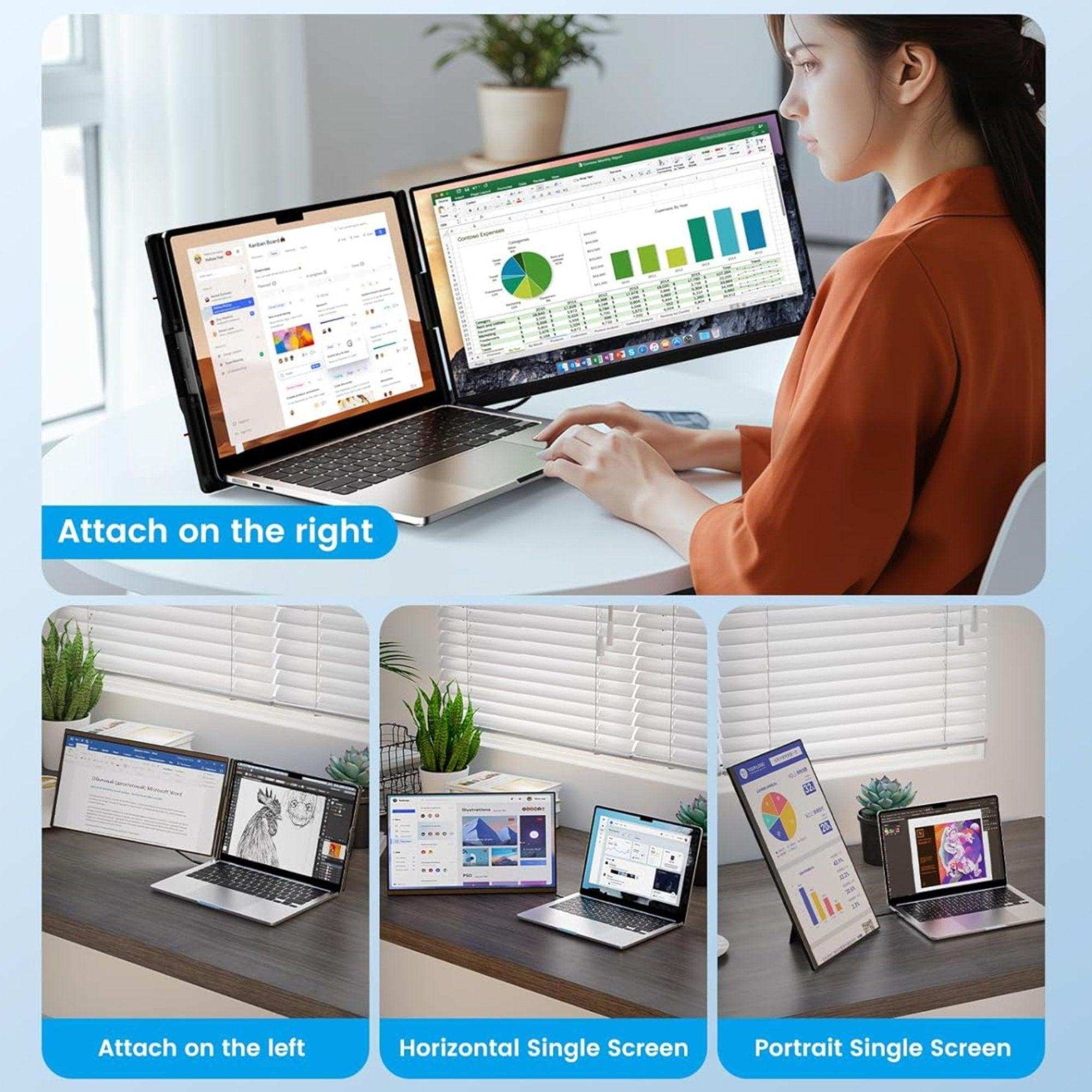 Portable laptop monitor extender used in four modes: right, left, horizontal, and portrait, TUTT
