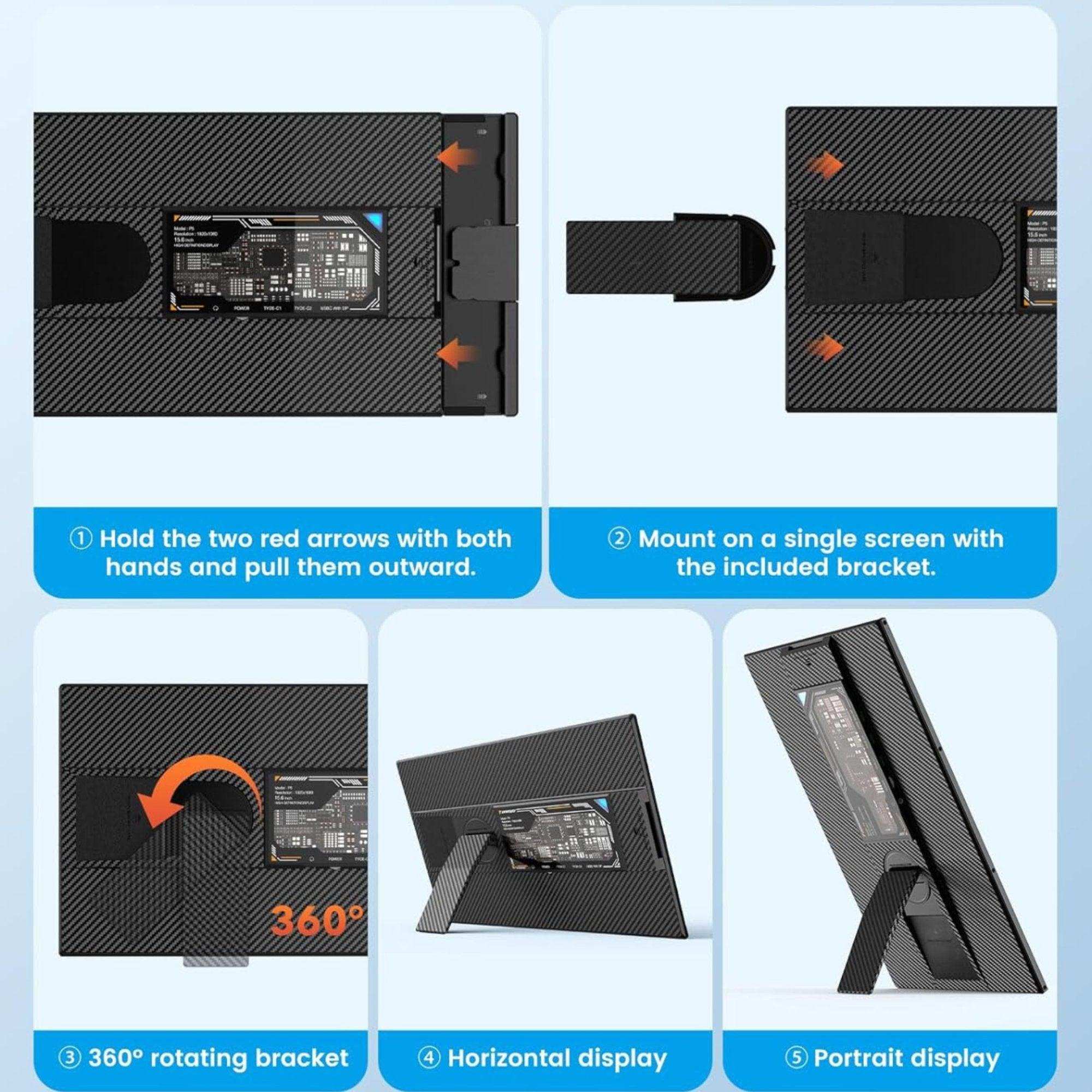 TUTT 156 FHD portable laptop monitor with IPS display, 360° rotating bracket, and flexible mount, shown in horizontal and portrait screen positions. TUTT