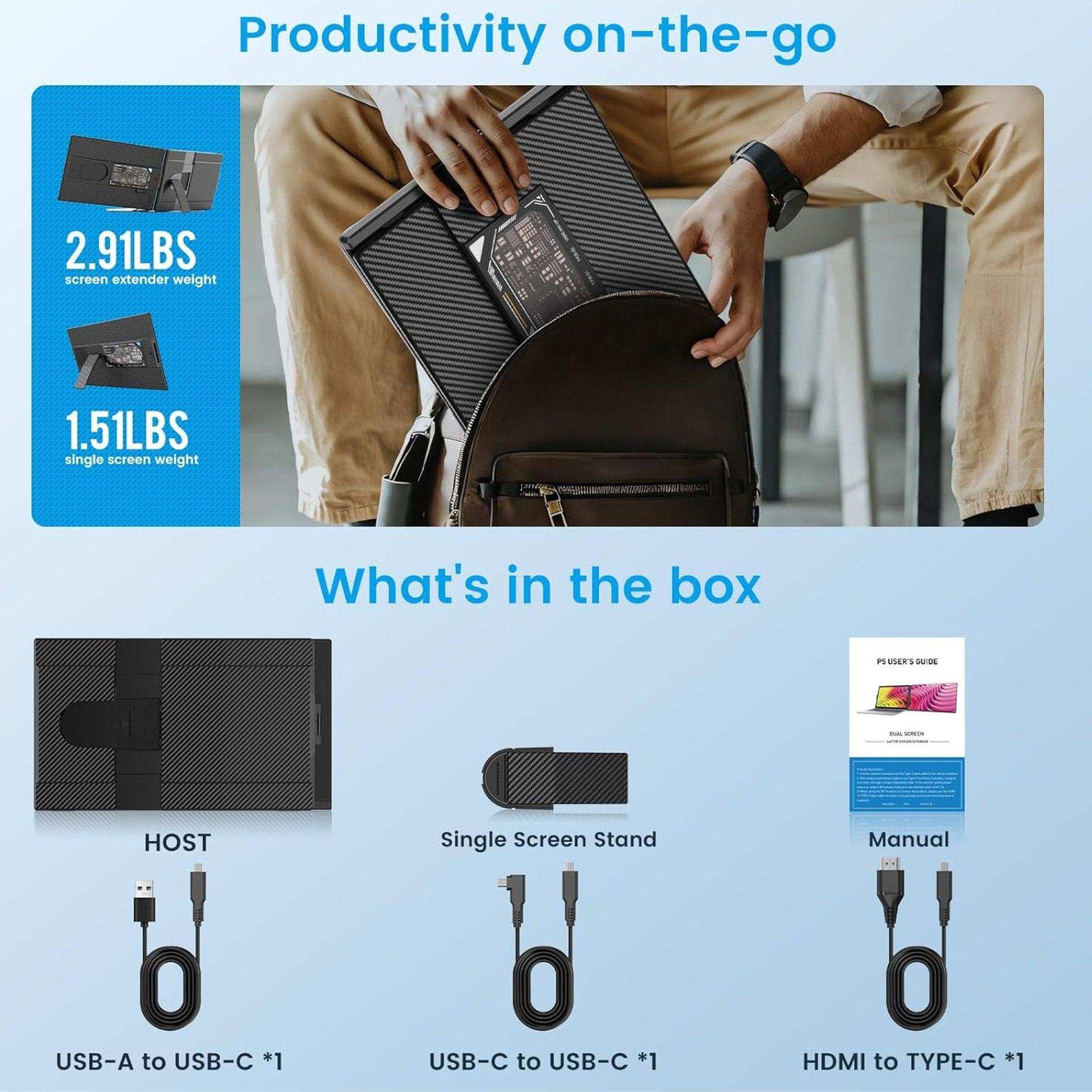 Single portable laptop monitor extender with built-in speakers, accessories, and cables, TUTT