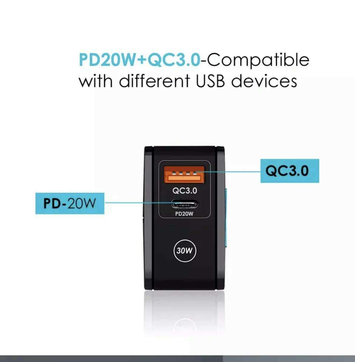 Black 30W charger with PD20W Type-C and QC3.0 USB port, compatible with USB devices, TUTT