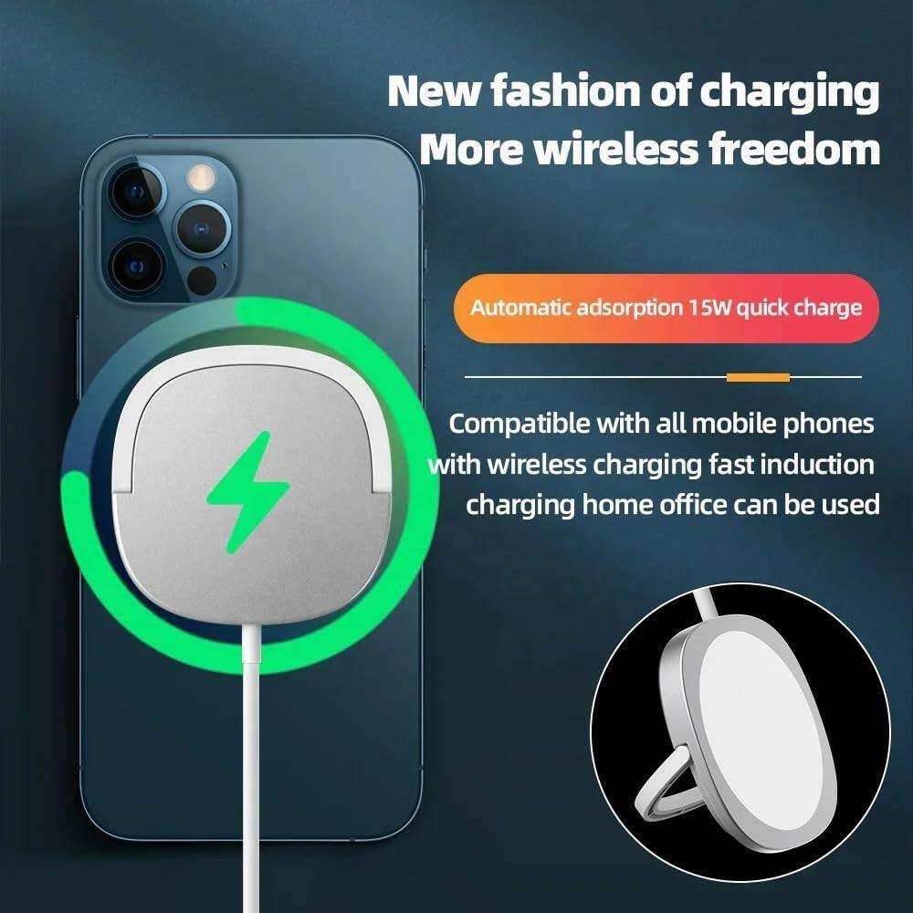 Magnetic 15W wireless charging pad attached to smartphone, fast charger shown, TUTT