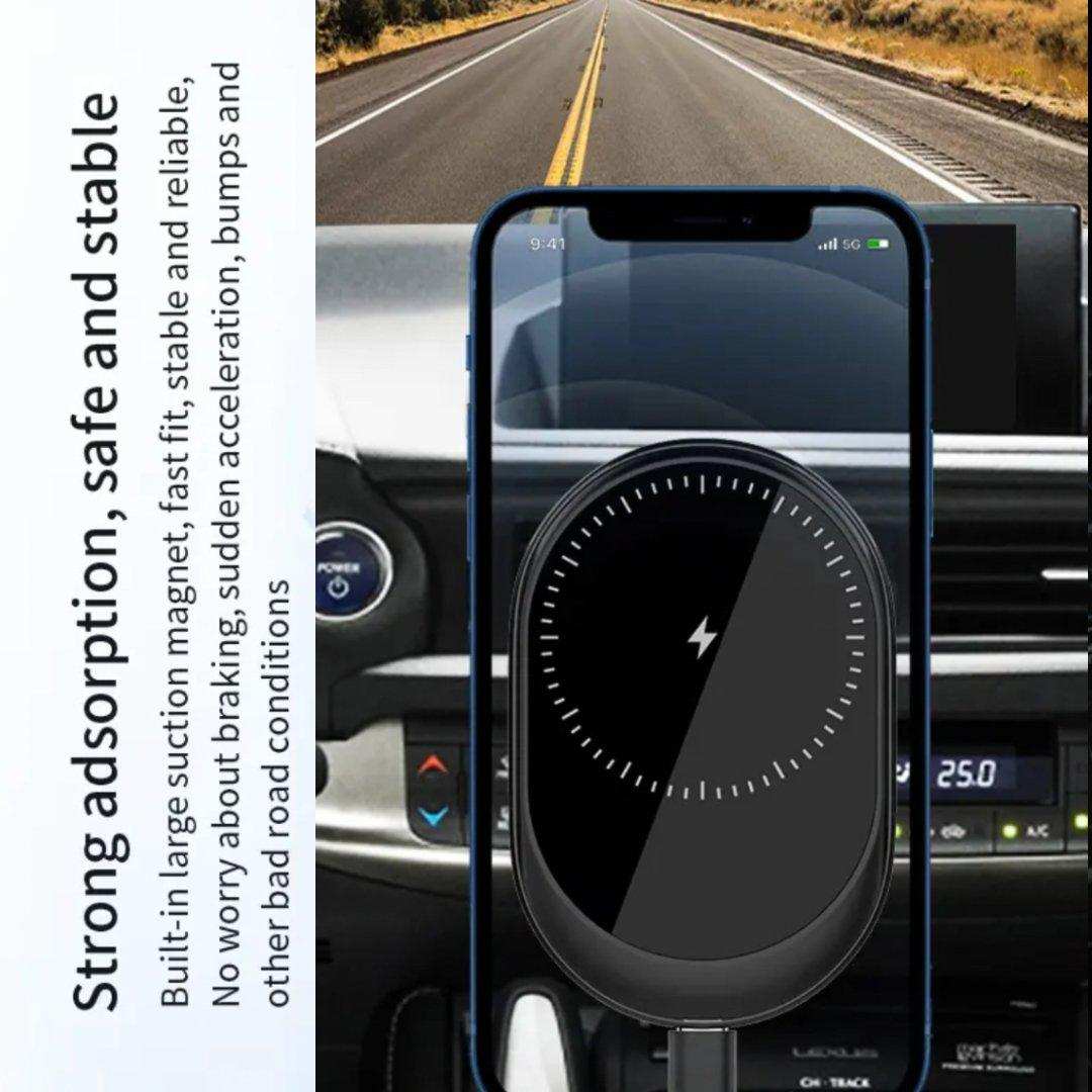 Magnetic wireless car phone holder charger mounted on car dashboard, iPhone attached, TUTT