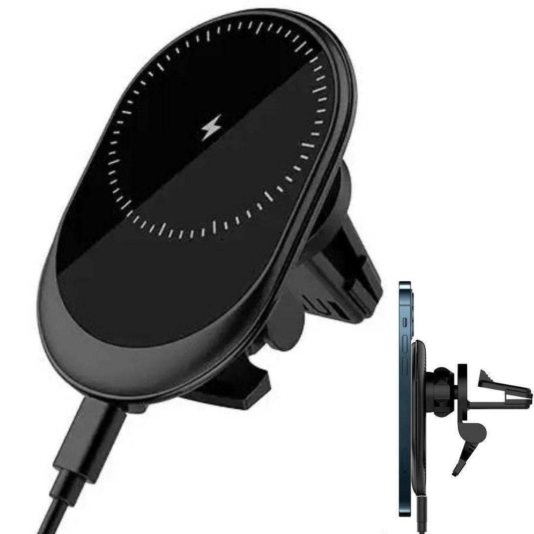 Black magnetic wireless car phone holder charger, vent mount, with charging cable, TUTT