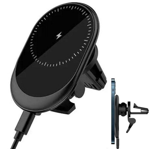 Black magnetic wireless car phone holder charger, vent mount, with charging cable, TUTT