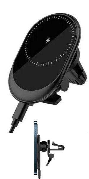 Magnetic wireless car phone holder and charger with 360° adjustable mount, vent clip, and USB cable, compatible with iPhone. TUTT