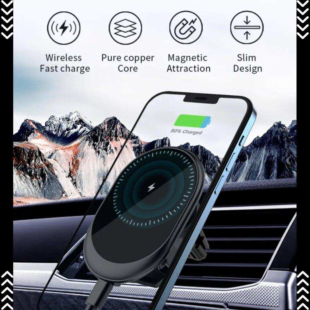 Magnetic wireless car phone holder charger mounted on a car vent charging a smartphone, TUTT