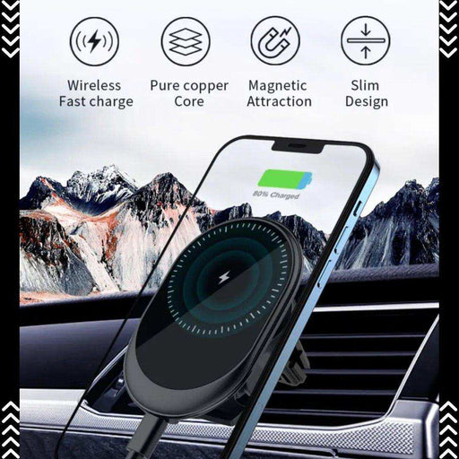 Magnetic wireless car phone holder charger mounted on a car vent charging a smartphone, TUTT