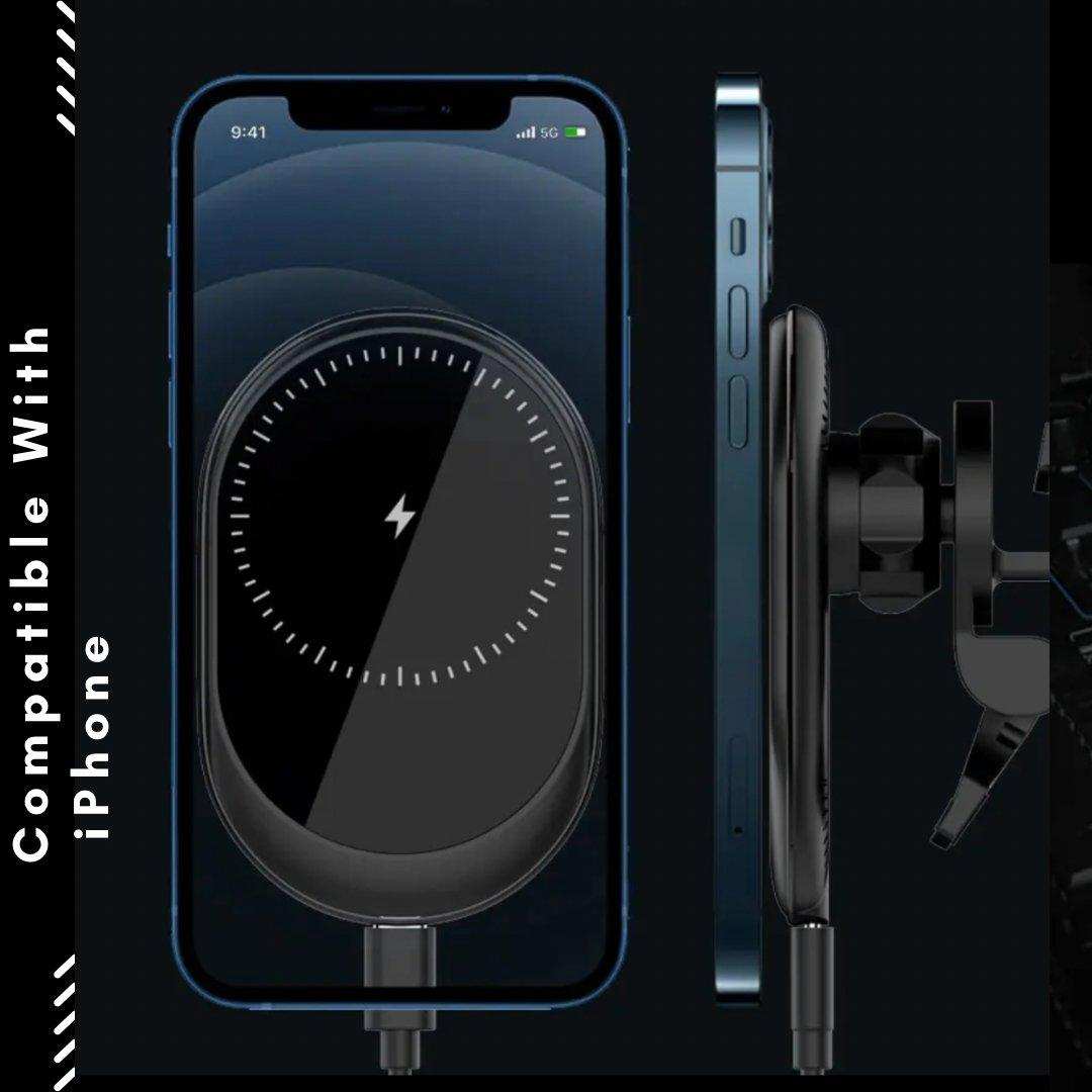 Magnetic wireless car phone holder charger attached to iPhone, vent mount design, TUTT