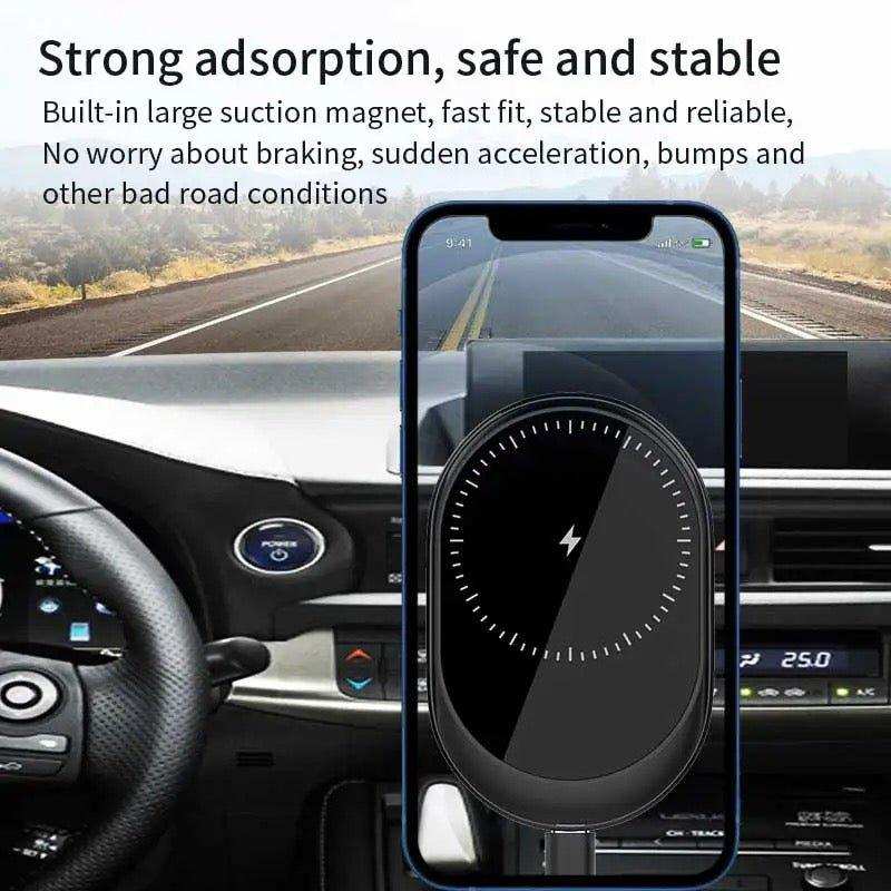 Magnetic wireless car phone holder and charger mounted in car, iPhone displayed, TUTT
