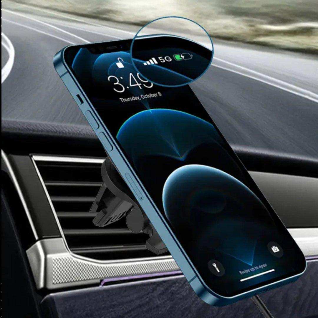 Magnetic wireless car phone holder charger mounted on car air vent holding iPhone, TUTT