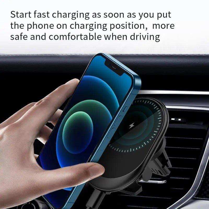 Hand placing smartphone on TUTT 15W magnetic wireless car phone holder charger on car vent. TUTT