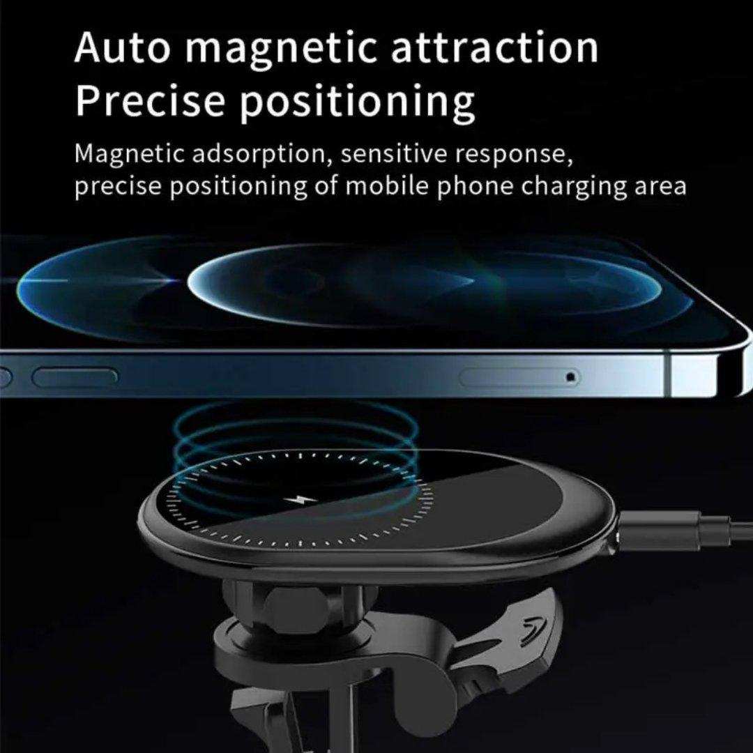 Magnetic wireless car phone holder charger with iPhone, auto magnetic attraction, black color. TUTT