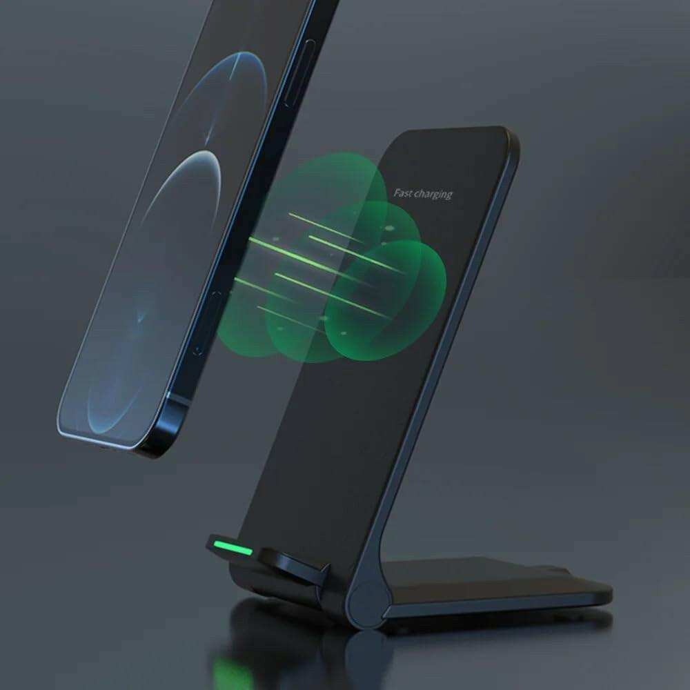 15W wireless foldable charger stand with phone and green fast charging indicator, TUTT