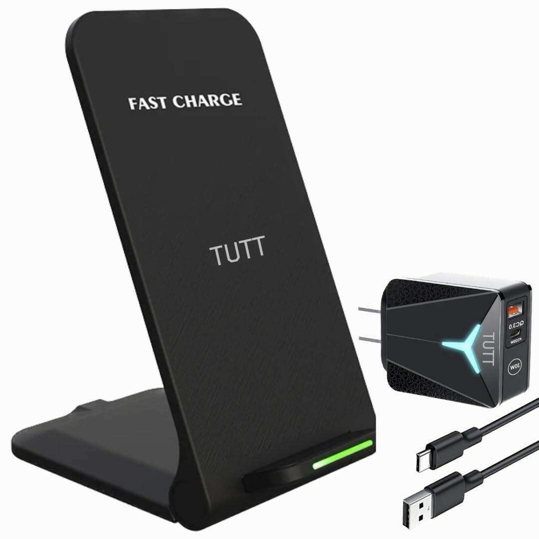 Black TUTT wireless fast charge stand, USB Type-C cable, and wall adapter TUTT